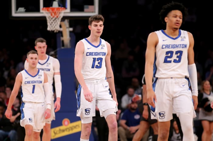 Mar 14, 2024; New York City, NY, USA; Creighton Bluejays guard Steven Ashworth (1) and center Ryan Kalkbrenner (11) and forward Mason Miller (13) and guard Trey Alexander (23) react during the first half against the Providence Friars at Madison Square Garden.